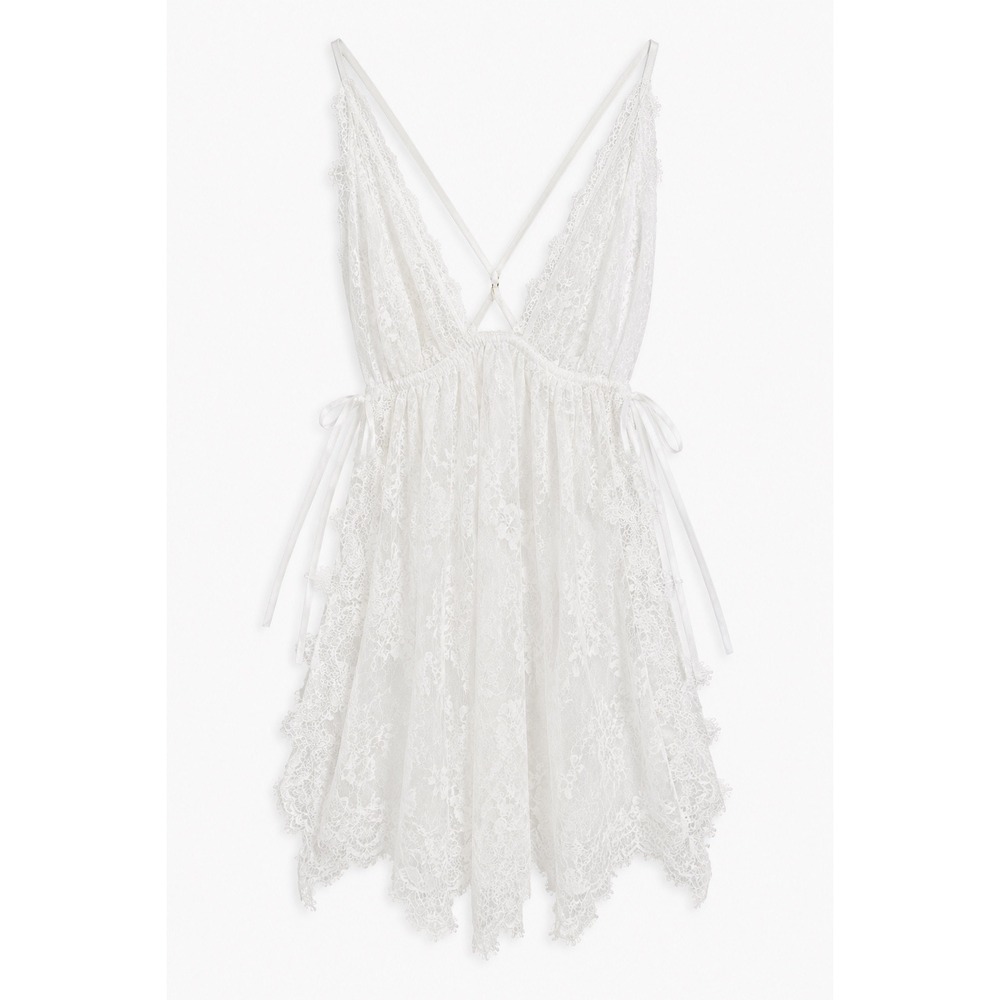 White Floral Lace Babydoll Chemise Lingerie V-Neck Eyelash Trim OS XS-m